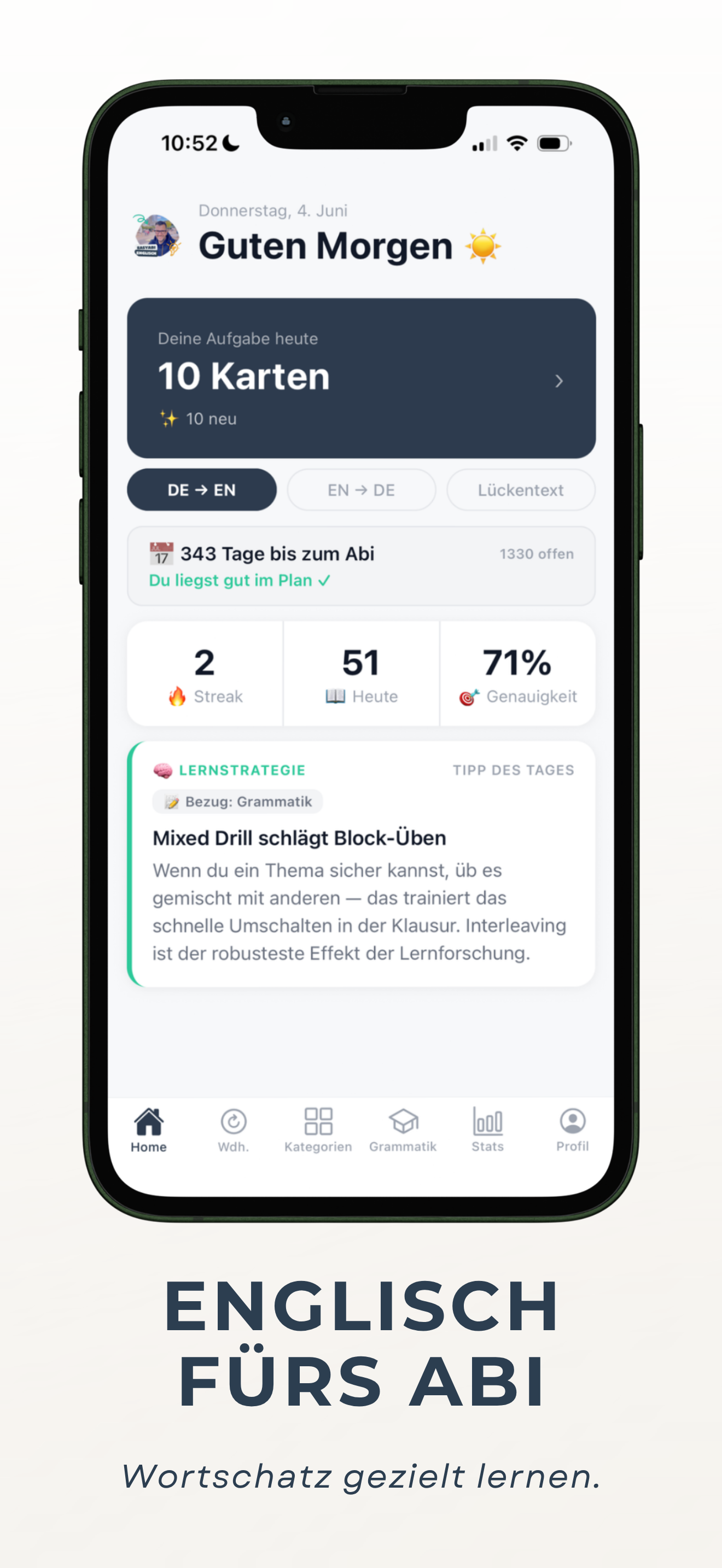 Startbildschirm der EasyAbi-App mit Tagesaufgabe
