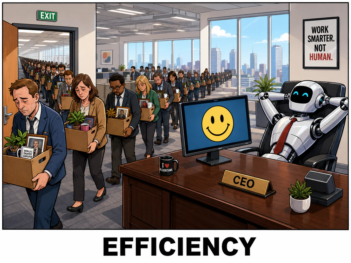 Cartoon mit der Bildunterschrift “Efficiency”: In einem hellen Großraumbüro zieht eine endlose Schlange niedergeschlagener Angestellter mit Umzugskartons durch eine EXIT-Tür, während ein Roboter mit Krawatte entspannt am Chefschreibtisch unter dem Schild “CEO” lehnt, auf dem Monitor ein gelber Smiley, an der Wand ein Poster “Work smarter. Not human.”